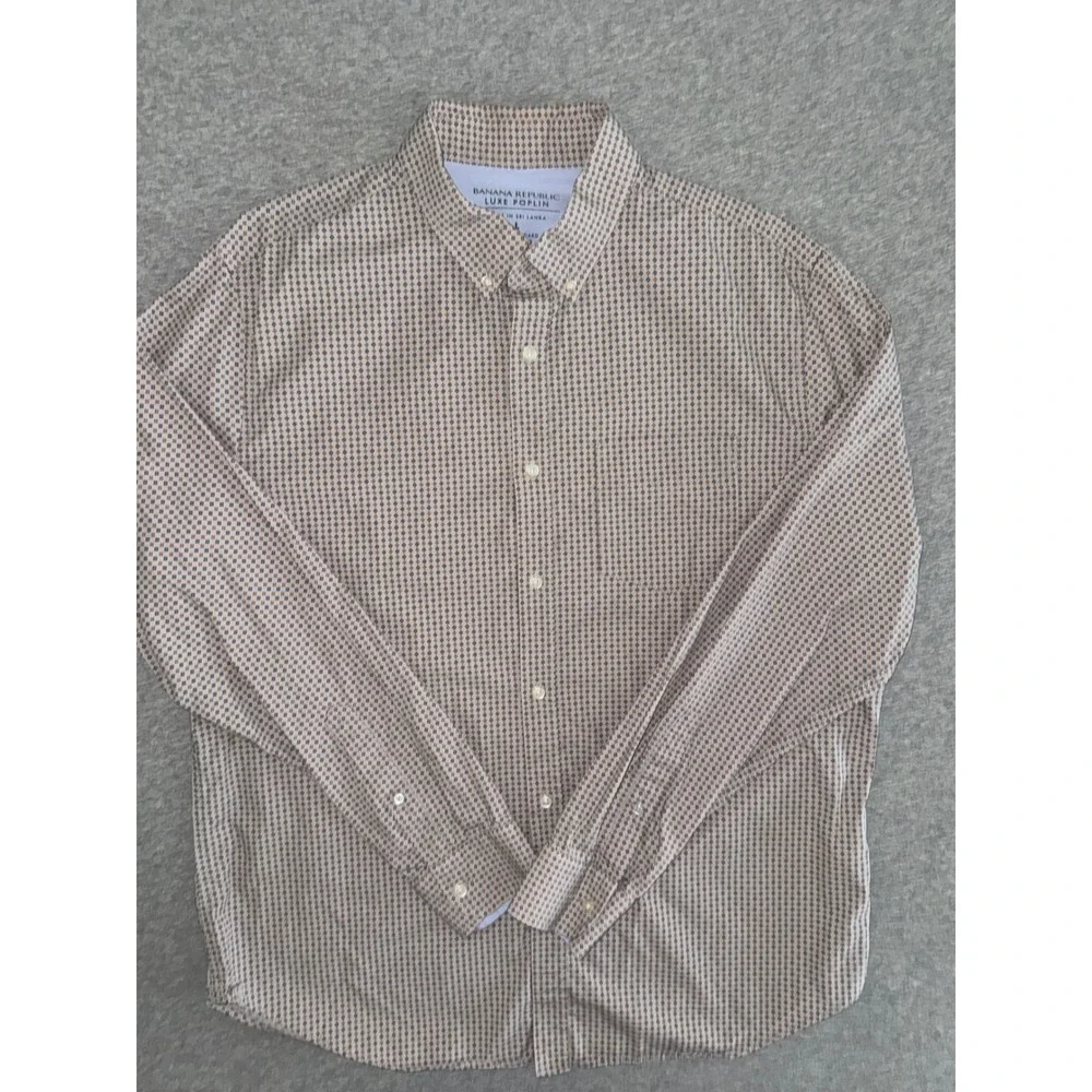 Banana Republic Mens Camden Standard Fit Luxe Poplin Tan Shirt Large Geometric